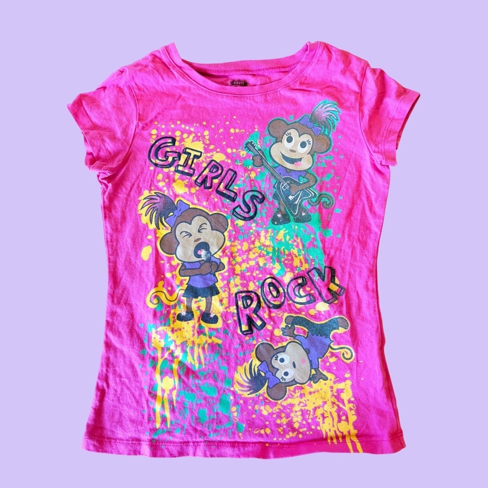 Y2K Route 66 Girls Rock Monkey Graphic Baby Tee Pink Short Sleeve Scene #18